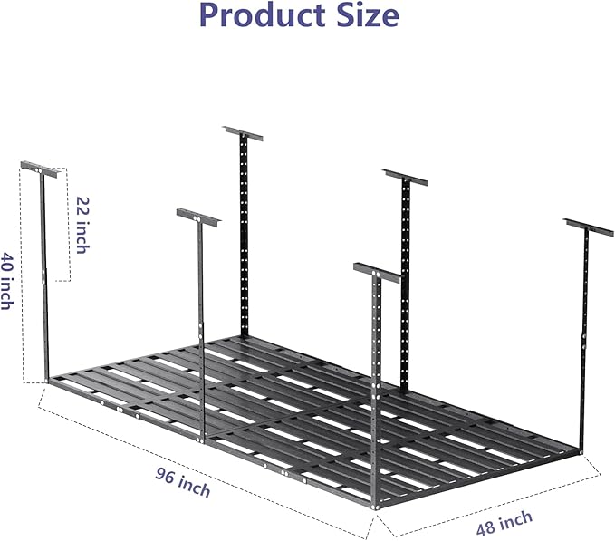 Heavy-Duty 4x8 Overhead Garage Storage Rack – Holds 20% More Weight, 800lbs Capacity, Adjustable Height, 4 Hooks Included for Extra Storage