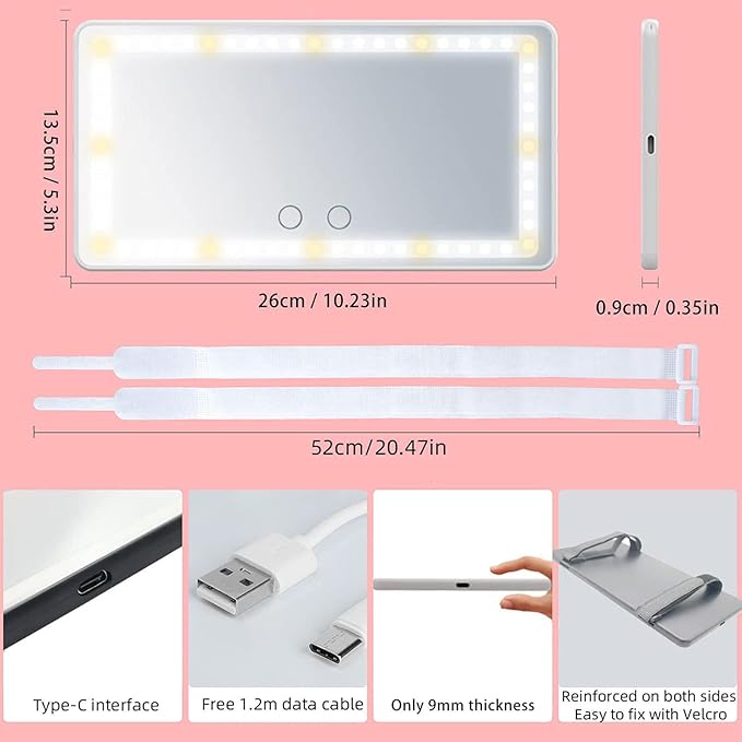 Car Visor Mirror with Rechargeable LED Light - 3 Light Modes & Dimmable Touch Screen - Clip on Big Sun Visor Vanity Mirror for Truck - Passenger Princess Car Accessories for Women Girl- White