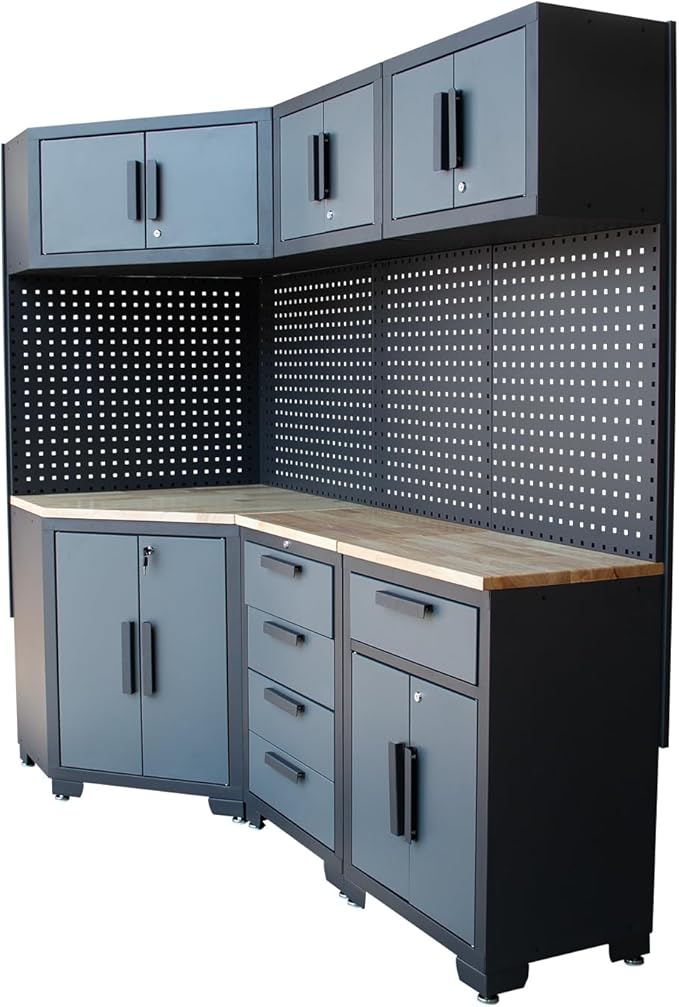 Garage Storage Cabinet System - 8-Piece Set with Corner Cabinet, Drawers, Workbench, Pegboard for Tool Organization - Black and Grey