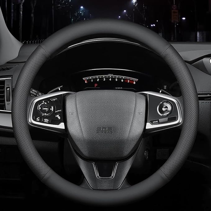 New Nappa Leather car Steering Wheel Cover, Anti-Slip, Safety, Soft, Breathable Full Surround Universal 15 inch Black