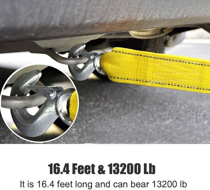 Heavy Duty Tow Strap with Safety Hooks | 2” x 16.4’ | 13200 LB Capacity, Tow Rope Yellow Shackle for Vehicle Recovery, Hauling, Stump Removal & Much More,Best Towing Accessory for Car