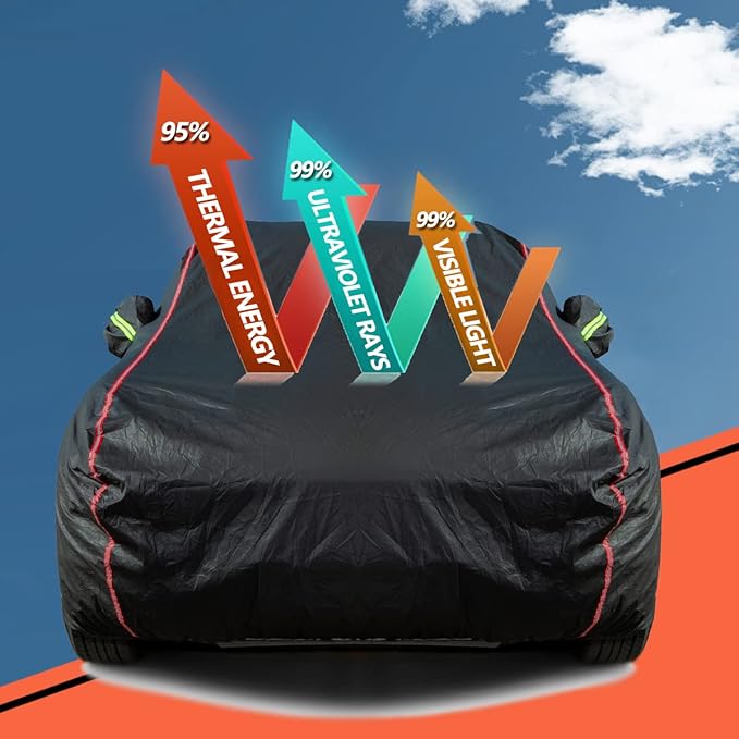 AUQDD 6-Layers PEVA New Material Sedan SUV Full Padded Car Cover Waterproof All Weather Weatherproof UV Sun Protection Snow Dust Storm Resistant Outdoor Exterior Custom Form-Fit Straps 205"-216" Black