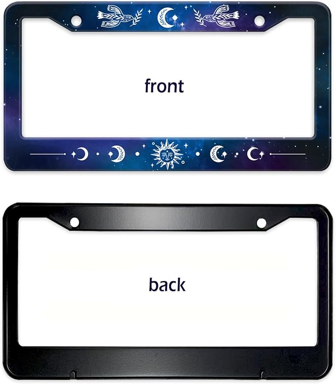 Starry Sun Moon License Plate Frame, Night Sky Moon Phase License Plate Holder Cover, Metal Aluminum Rustproof Car Accessories for Us Canada Standard Women Men 2 Holes with Screw Caps