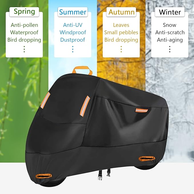 300D Heavy Duty Motorcycle Cover, SECELES All Season Durable Waterproof Outdoor Protection Scooter Cover 4 Reflective Tape Lock-Holes fits up to 86" Yamaha Honda Harley Suzuki (XXL: 86" x 37" x 50")