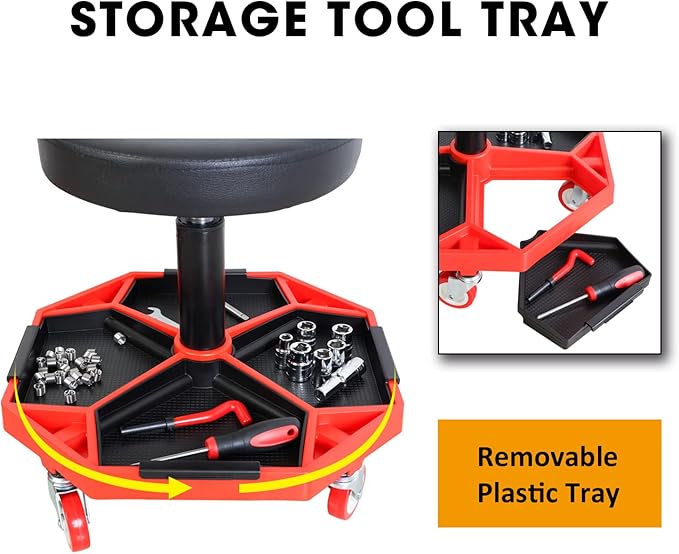 Torin ATRXF8308B Pneumatic Mechanic Stool/Rolling Shop Creeper Seat with Adjustable Height and 4 Removable Tool Trays, 300 lb Capacity, Black/Red