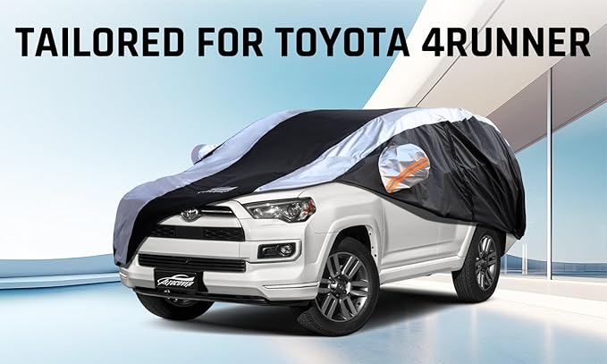 Toyota 4Runner Car Cover Waterproof All Weather with Silver Strip Design, Custom Fit for Toyota 4Runner 2003–2025, 4Runner Accessory with Door Zipper & Windproof Straps
