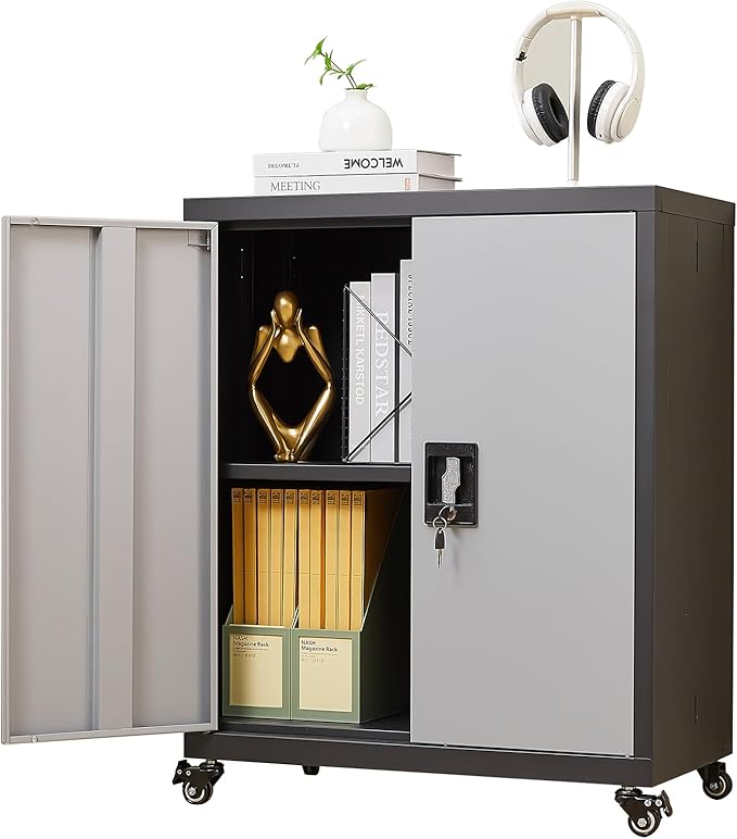 LUCYPAL Metal Storage Cabinet with 2 Doors,Steel Storage Cabinet with Adjustable Shelves and Wheels,Locking Tool Cabinets for Office,Home,Garage,Black&Grey 31.5" H