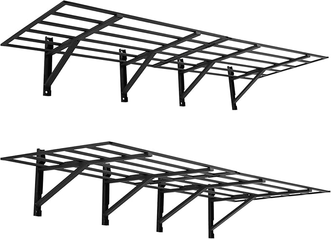 Garage Storage Shelving Wall Mounted, 2 Pack 2x6Ft, Loads 1600 Lbs Heavy Duty Sturdy Shelves, Folding Strong Garage Organiser, Storage Racks Units, Black Metal Floating Adjustable Wall System Shelf
