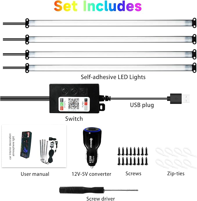 Car Led Interior Light Strip 72LEDs Under Dash Foot Well PVC Housing RGB DIY 210 Modes Static/Chase/Gradient/Strobe, Music Sync, Timer App Switch Control, USB 5V DC 12V, No Remote
