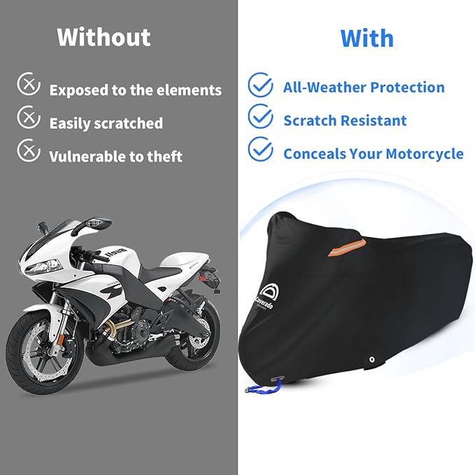 Motorcycle Cover, Motorcycle Cover Waterproof Outdoor with Lock Holes and Inner Flame Retardant Cloth Snow Rain Uv Protection Motorcycle Covers Fit for Harley Davidson Yamaha Etc (Up to 97'' Length)