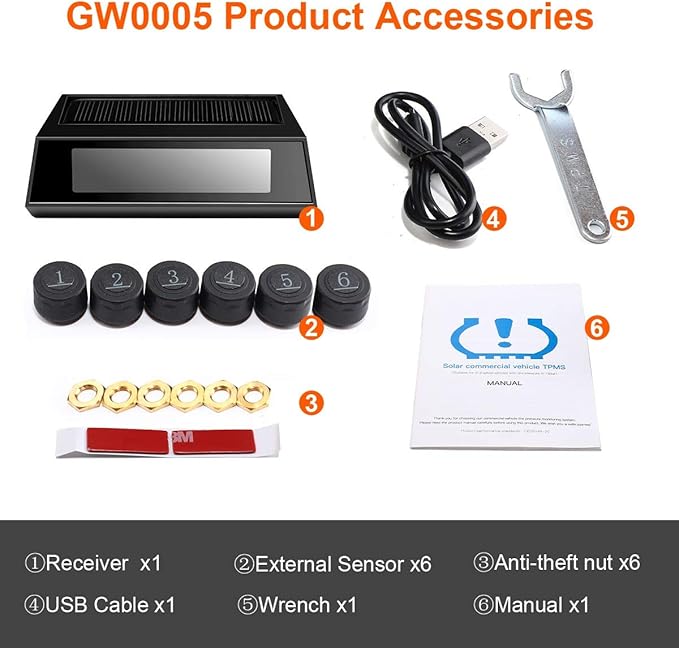 RV TPMS Tire Pressure Monitoring System, TS200 Solar Wireless TPMS with 6 Tire External Sensors Digital LCD Display RV Auto Security Alarm for Car RV Trailer Truck Tow Motorhome