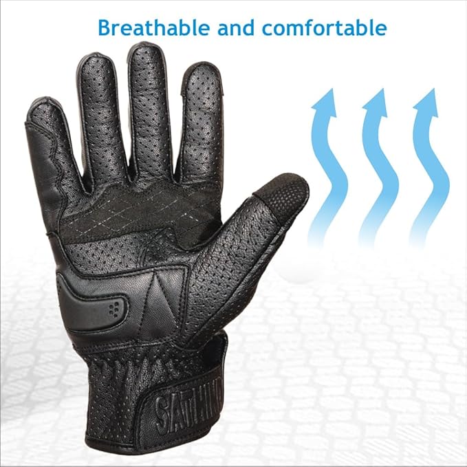 Leather Motorcycle Gloves for Men and Women | Touchscreen | Full Finger | Goatskin Leather Hard Knuckle Motorcycle Riding Gloves (Perforated, XX-Large)