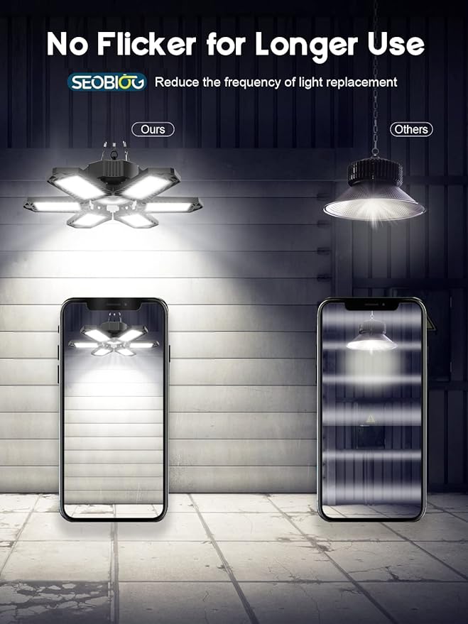 SEOBIOG 2 Pack Plug in Garage Light, Upgraded 200W 20000LM Linkable LED Shop Light, 6500K Ceiling Lights w/ 6 Deformable Panels for Garage, Warehouse, Barn, Basement (Built-in ON/Off Switch)