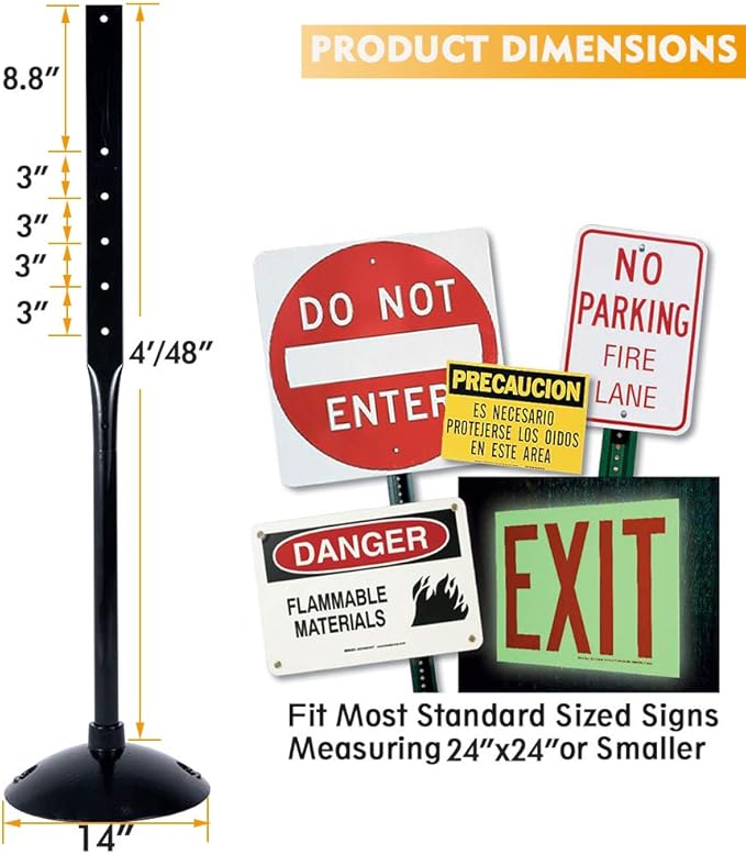 Heavy Duty Cast Iron Sign Post and Base Kit - 14" DIA Stand with 48" Post and Bolts & Nuts for Hanging Signs, Portable Sign Holder for Parking and Recreational Use