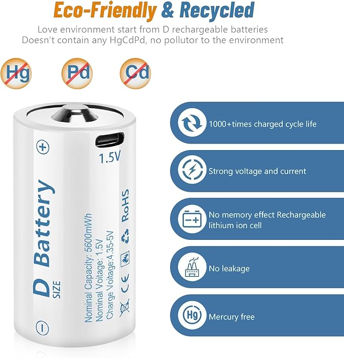 1.5V D Size Cell Battery for Flashlight Toys & floodlight,Lithium D Batteries Rechargeable 8 Pack, Rechargeable D Size Batteries with USB-C 4 in 1 Charging Cable.