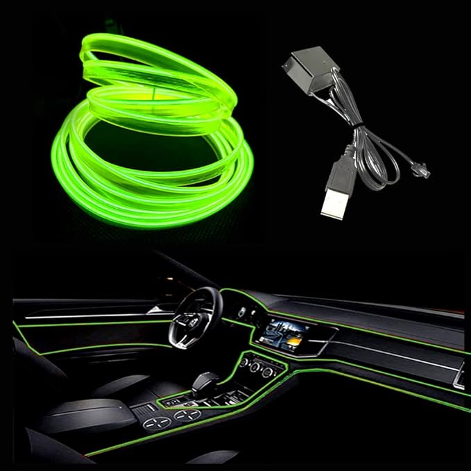 El Wire Lemon Green Interior Car LED Strip Lights, 5M Neon Wire USB 5V with Fuse Protection for Automotive Interior Decoration, with 6mm Sewing Edge
