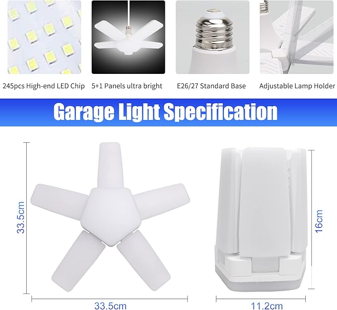 LED Garage Lights 2 Pack, 100W 10000LM 6500K E26/E27 Ceiling Light with 5 Adjustable Panels for Workshop, Basement, Warehouse