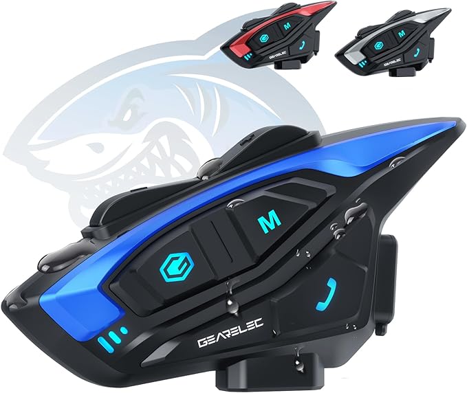 gearelec Motorcycle Helmet Bluetooth Headset [Deep Bass & Super-Noise-Reduction] Shark Pro Motorcycle Bluetooth Headset with Upgrade Hi-Fi Speakers, 2000M 8 Riders Intercom