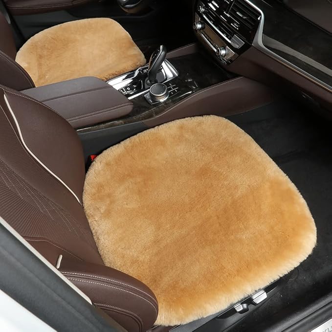 LLB Genuine Sheepskin Car Seat Cushion Seat Covers for Cars Trucks SUV Comfort Seat Protector Pad for Car Driver Seat Car Accessories for Women Office Chair Car Decor (Khaki, Front Seat Cushion-1 Pc)