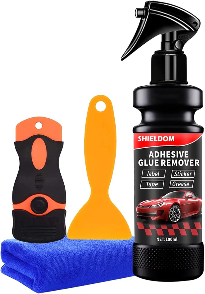 Adhesive Remover, Dissolve & Soften Adhesives on Car Glass & Paint, Easily Remove Glue Sticker Labels Decals Tape Residue, Portable Spray Removal Set with Scraper, Spatula, Towel -3.4oz/100ml