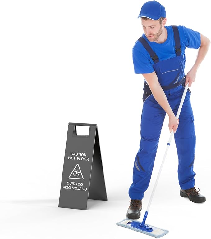 Stainless Steel Wet Floor Sign 2 Pack, 24 Inch Double-Sided Foldable Caution Sign with Handle, 8.8 lb Bilingual Warning for Restaurant, Office, Commercial Cleaning Use, Black