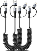 Coiled Lightning Cable [2Pack 4FT] 4 in 1 Multi Charging Cable 60W Fast Charging Retractable Charger Cord for iPhone 15/14/13/12/11 Pro Max/XS MAX/XR/XS/X/8/7/6 Plus/iPad/AirPods/MacBook/CarPlay