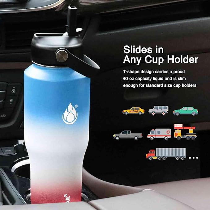 SENDESTAR 40oz Water Bottle Wide Mouth Stainless Steel Vacuum Insulated Double Wall with 2 Straw Lids Fit in Any Car Cup Holder