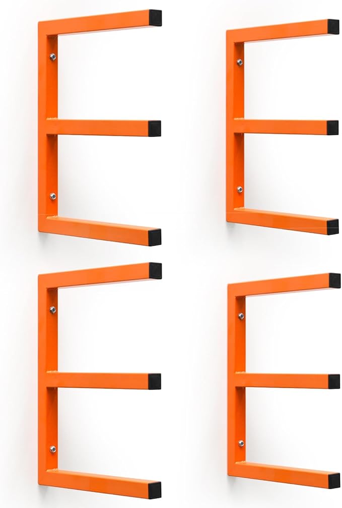 4 Pack Wood Organizer and Lumber Storage Rack Wall Mount, Heavy Duty Wood Storage Organizer Racks with 3-Level System for Garage, Workshop, Basement, Holds Up 220 LBS Per Level (Orange)