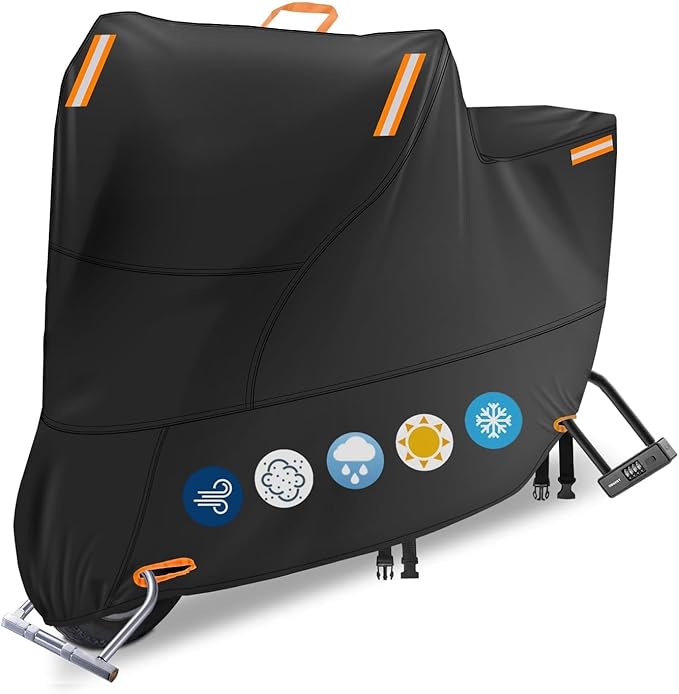 Motorcycle Covers Waterproof Outdoor Storage, Heavy Duty Motorbike Scooter Cover All Weather Protection with 4 Reflective Strips, 2 Lock-Holes, 2 Windproof Buckles (3XL: 95 x 37 x 49 inch)