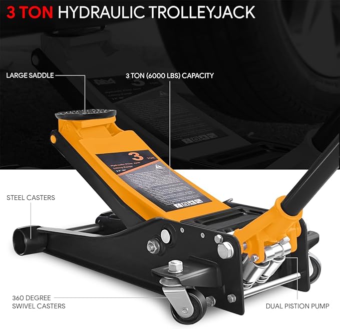 DNA MOTORING Low Profile Hydraulic Trolley Service/Floor Jack, 3 Ton (6000 lbs) Capacity Heavy Duty Hydraulic Car Jack, Lifting Range 3"-20", Orange, TOOLS-00475-OG