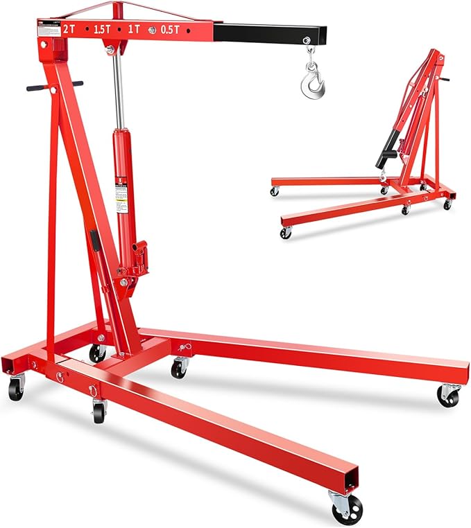 2-Ton Folding Engine Hoist, Hydraulic Shop Crane with 6 Swivel Wheels & Adjustable Boom (0.5T-2T), Heavy-Duty Cherry Picker for Garage, Workshop, Truck, Farm (Net Wt. 157 lbs)