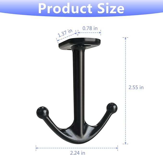 Ball Two Prong Ceiling Hook for Closet Top Bathroom Kitchen Cabinet Garage Pack of 8 (Black)