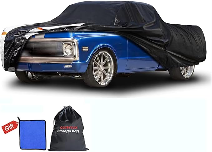 C10 Truck Cover Custom Fit 1960-2002 Standard/Extended/Crew Cab SB (6.5'-6.6') with Door Zipper, 12 Layers Outdoor Pickup Truck Cover Waterproof All Weather, for Wind Dust Rain UV Protector.
