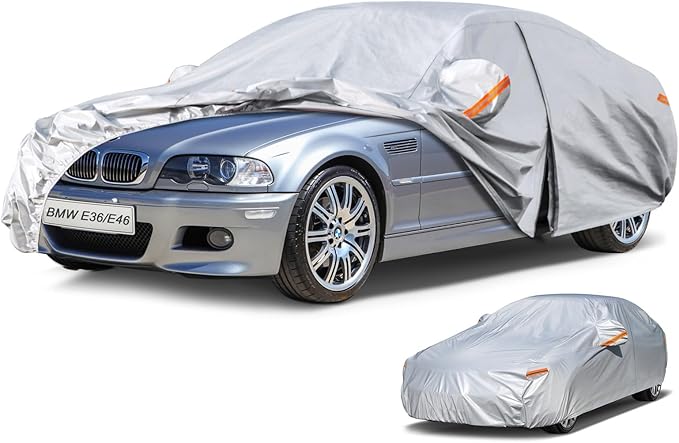 Kayme 6 Layers Car Cover Waterproof All Weather, Outdoor Car Cover UV Rain Sun Protection, Universal Fit for BMW E46 E36 E30, Dodge Neon, Mitsubishi Mirage, Nissan Versa (Up to 177 inch).