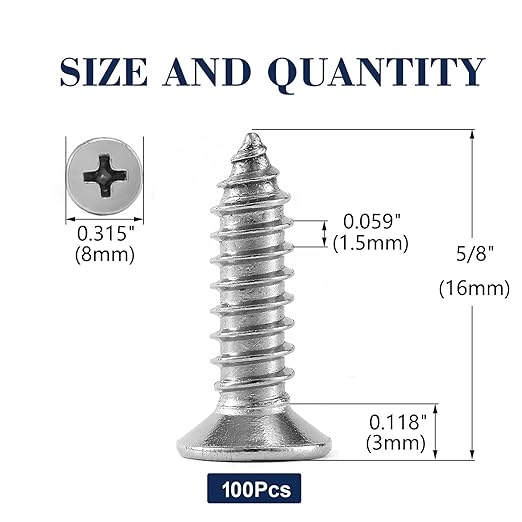 #8 x 5/8" Wood Screw 100Pcs 18-8 (304) Stainless Steel Screws Flat Head Phillips Fast Self Tapping Drywall Screws by SG TZH