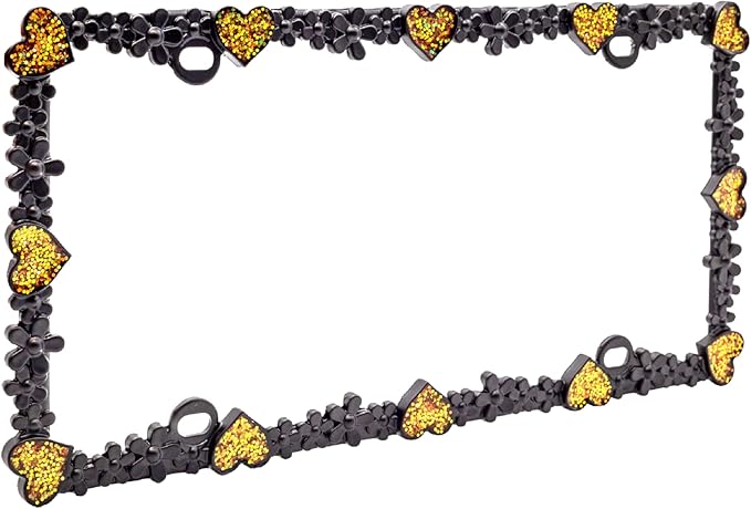 Creathome 3D Shining Daisy Heart License Plate Frame from Pure Zinc Alloy Metal Perfect Plate Holder, Matt Black with Gold Glitter, Luminously Heart