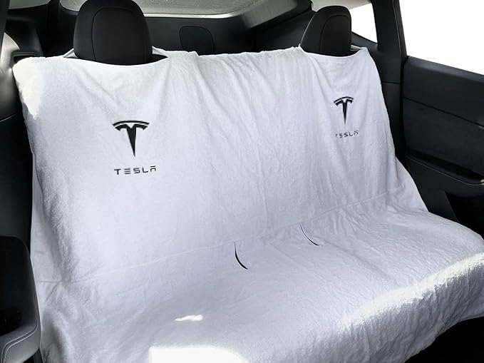 Compatible with Tesla Model Y/3 Premium Towel Car Rear Seat Cover - Breathable & Waterproof - Machine Washable, Seat Protector for Dog, Pets, Sweat from The Gym (White)