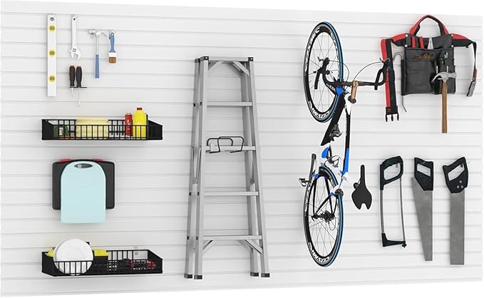 Slatwall Panel Wall Storage Systems, 4x8 ft Slat Wall Paneling Garage Wall Organizer with Five Hooks, Heavy Duty Wall Mounted PVC Wall Rack, White