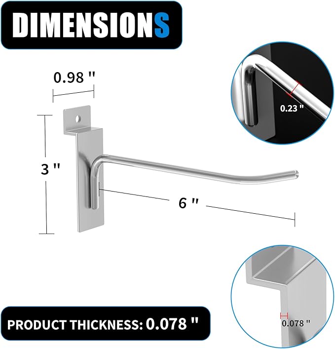 25 PK Silver 6 inch Wall Mounted Slatwall Hooks – Heavy-Duty Storage & Organization Solution