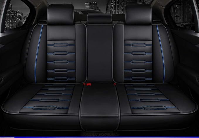 Seat Covers Full Set, Waterproof Leather Seat Covers for Cars, 5 Seats Universal Car Seat Protectors, Black Car Seat Covers Car Seat Cushions Fit for Most Cars (Black-Blue)