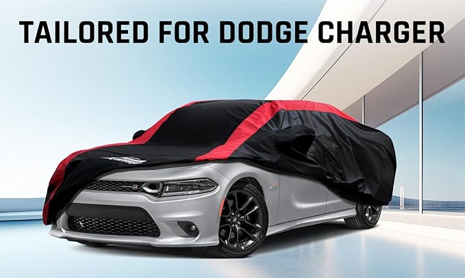 Dodge Charger Car Cover Waterproof All Weather with Red Strip Design, Custom Fit for Dodge Charger 2006–2023, Charger Accessory with Door Zipper & Windproof Straps