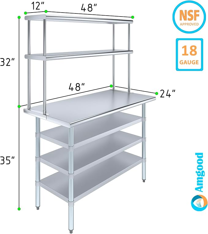 Amgood (24" x 48" Stainless Steel Work Table with 3 Shelves and 12" Wide Double Tier Overshelf | Metal Kitchen Prep Table & Shelving Combo | NSF