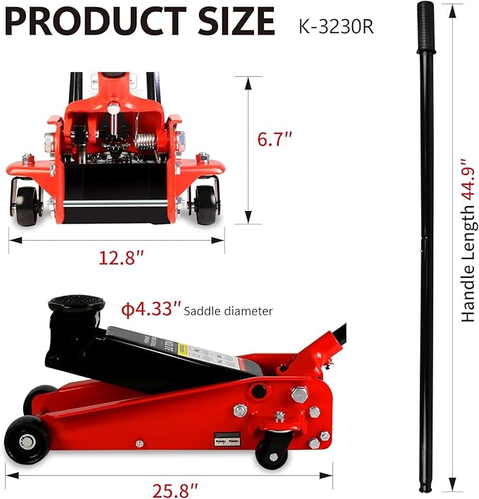 3 Ton Low Profile Floor Jack, Heavy Duty Floor Jack with Single Piston Quick Lift Pump, Steel Car Jack Adjustable Height 5.1"-20", Hydraulic Trolley Floor Jacks 3 Ton/6000 LB Capacity, Red