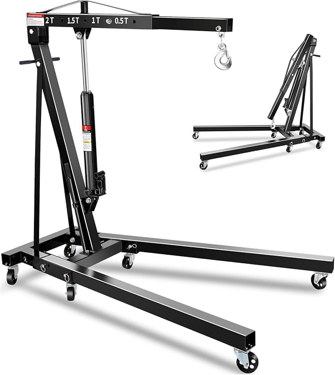 2-Ton Folding Engine Hoist, Hydraulic Shop Crane with 6 Swivel Wheels & Adjustable Boom (0.5T-2T), Heavy-Duty Cherry Picker for Garage, Workshop, Truck, Farm (Net Wt. 157 lbs)