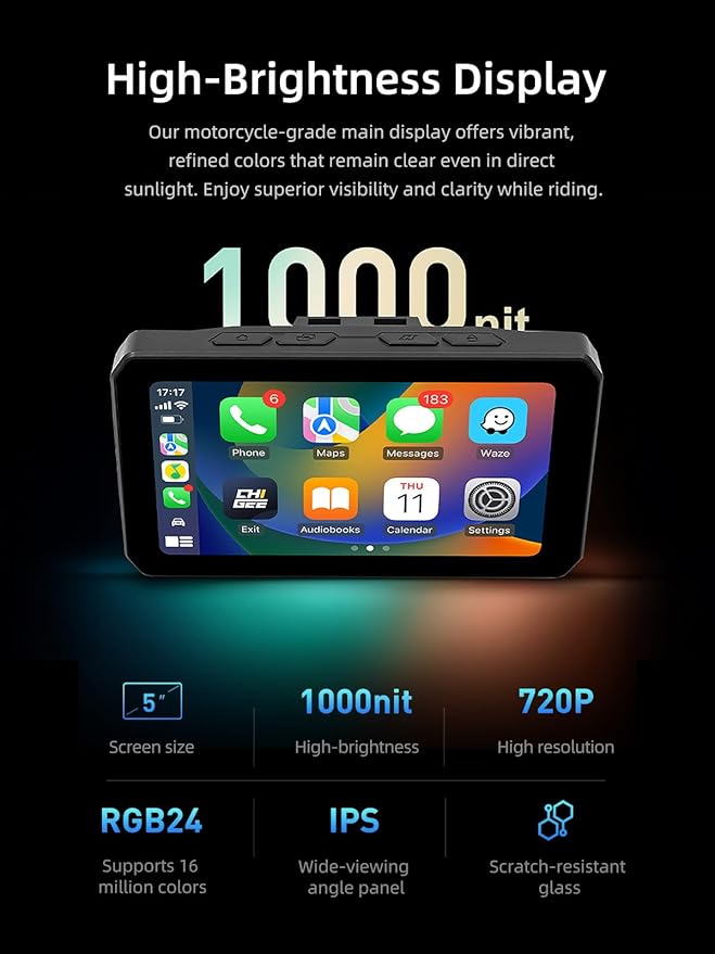 AIO-5 Play for BMW Motorcycles, 3-Pin Interface, Plug-and-Play Smart Display with CarPlay & Android Auto, 60FPS Mode, IP68 Waterproof, Built-in GPS, Anti-Theft Alarm, Data Reading