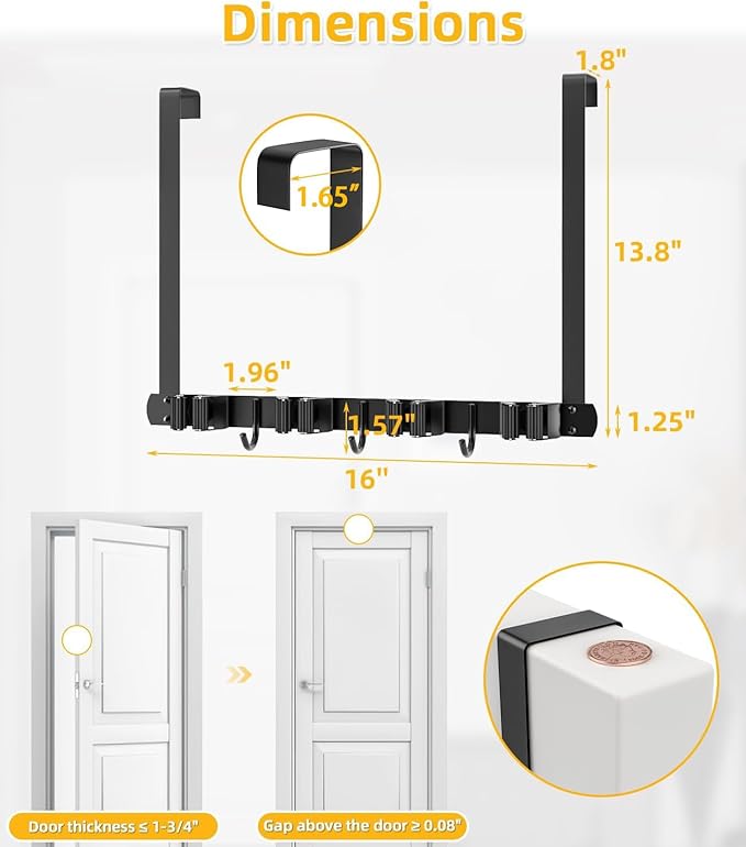 Broom Holder Over The Door - 304 Stainless Steel Mop and Broom Holder Wall Mounted or Hanging Over The Door with Hooks - Broom Hanger, Broom Storage Tool Organizer for Garage Closet Laundry