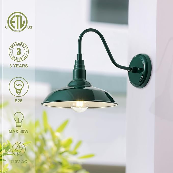 10'' Dome Outdoor Gooseneck Barn Light Fixture with Wall Mount, Green Exterior Porch Barn Door Lighting, Farmhouse Style Outside Porch Gooseneck Wall Sconce for Patio, Yard, Garage, House