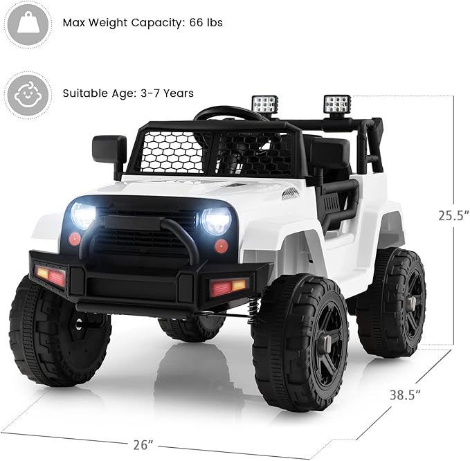 OLAKIDS Kids Ride On Truck, 12V Electric Vehicle Jeep Car with Remote Control, Toddlers Battery Powered Toy with 2 Speeds, Spring Suspension, Double Open Doors, LED Lights, Music, TF, USB, Mp3 (White)