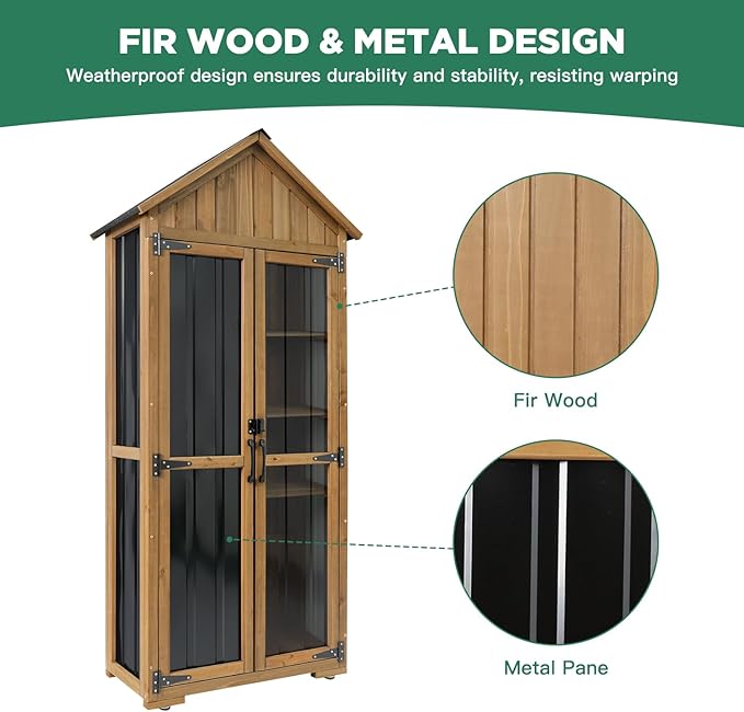 Outdoor Storage Cabinet – Weatherproof Wood & Metal Storage Shed with Adjustable Shelf, Lockable Doors, and Stability Features for Garden, Patio, and Backyard, 27 1/2”x 13”x 67” (Brown+Black)