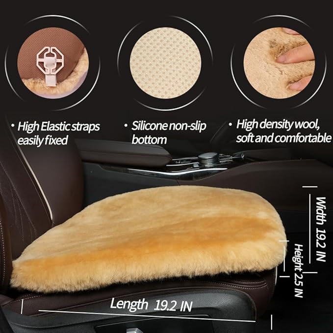LLB Genuine Sheepskin Car Seat Cushion Seat Covers for Cars Trucks SUV Comfort Seat Protector Pad for Car Driver Seat Car Accessories for Women Office Chair Car Decor (Khaki, Front Seat Cushion-1 Pc)